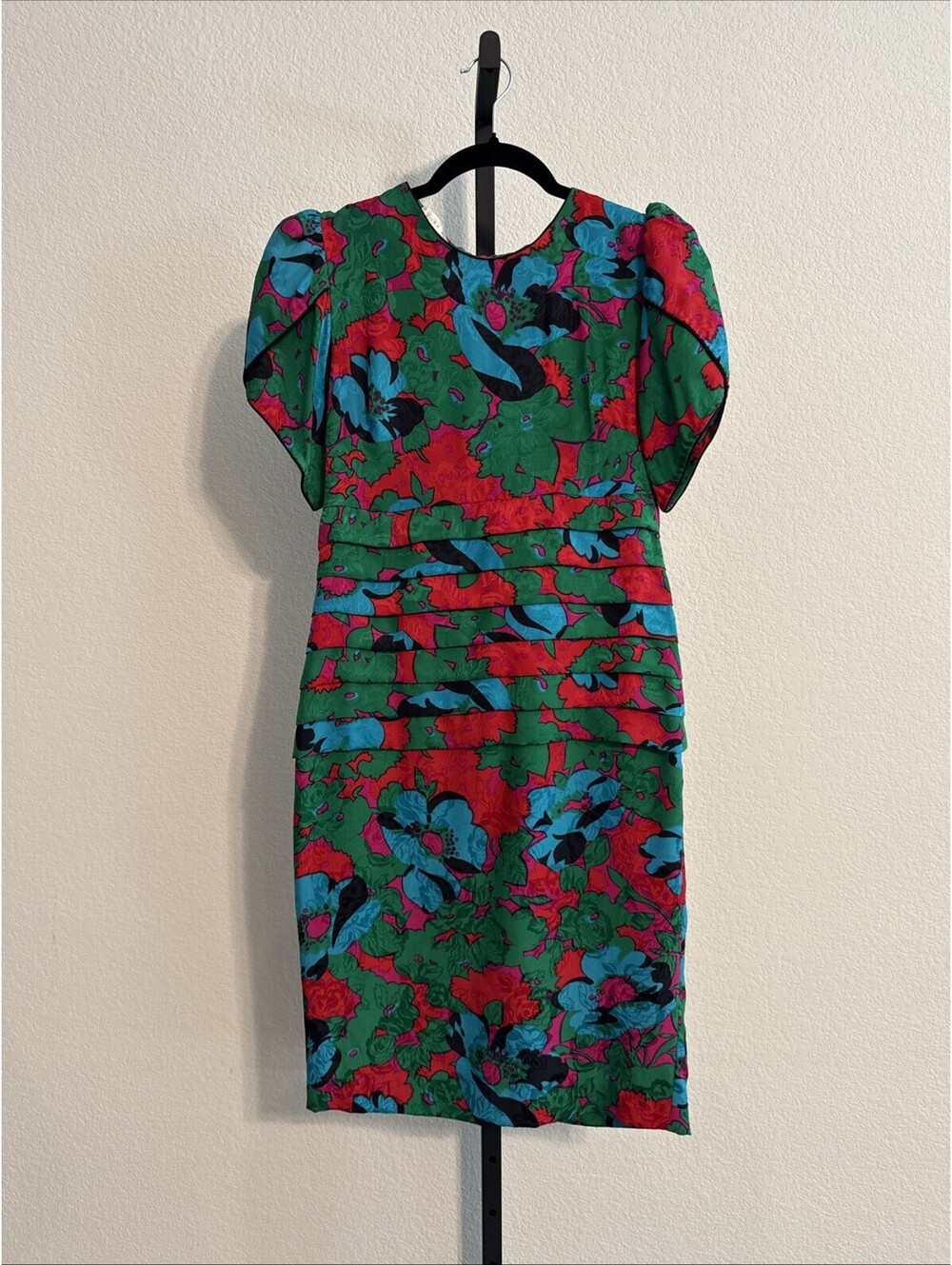 Vintage Flora Kung 100% Silk Bright Floral Dress Puff Sleeve - Sz 4